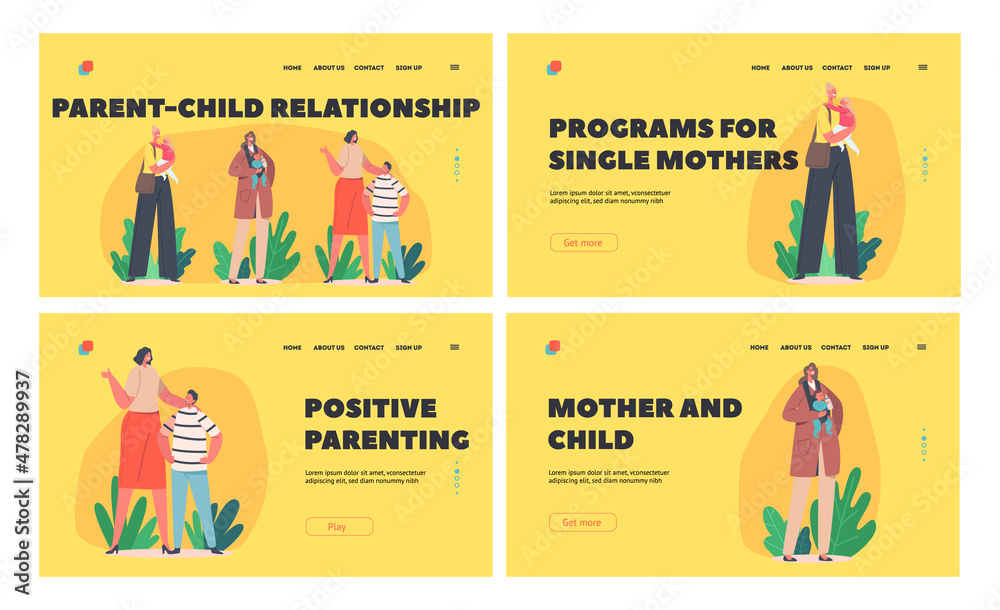 Parent Child Relationship Landing Page Template Set. Happy Mothers with Children, Family Characters Moms, Son, Daughter