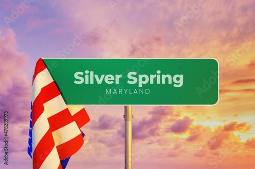 Silver Spring - Maryland/USA. Road or City Sign. Flag of the united states. Sunset Sky.