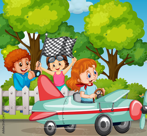 Outdoor scene with children racing car