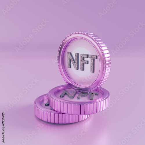 3d rendering illustration NFT coin non fungible token. shiny silver coin color colorful abstract background. futuristic money transfer blockchain digital. Digital art crypto currency.Blockchain coins.