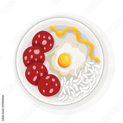 Breakfast or lunch top view. Delicious, healthy food on porcelain dish. Classic hearty breakfast. Nicely served food on white plate