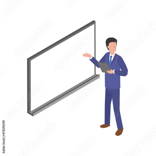 ホワイトボードを差して説明する男性