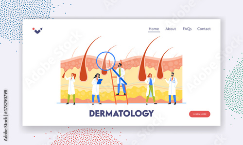 Dermatology Landing Page Template. Consultation with Trichologist. Tiny Doctors Dermatologists or Cosmetologists