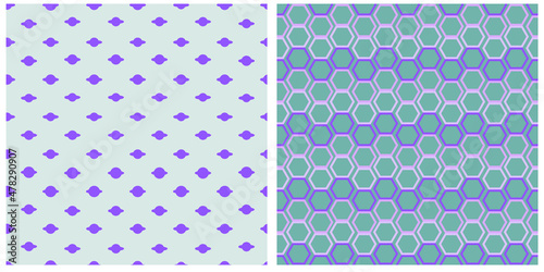 Vector seamless patterns. Purple planets and honeycomb on a dark and light gray background. 