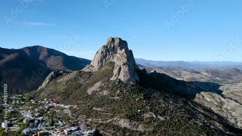 spinning view of pena de bernal in queretaro from drone photo