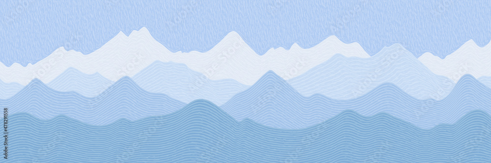 Obraz premium Vector illustration of mountains, ridge in the morning haze, panoramic view