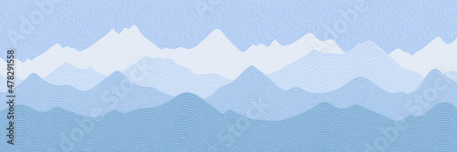 Vector illustration of mountains, ridge in the morning haze, panoramic view