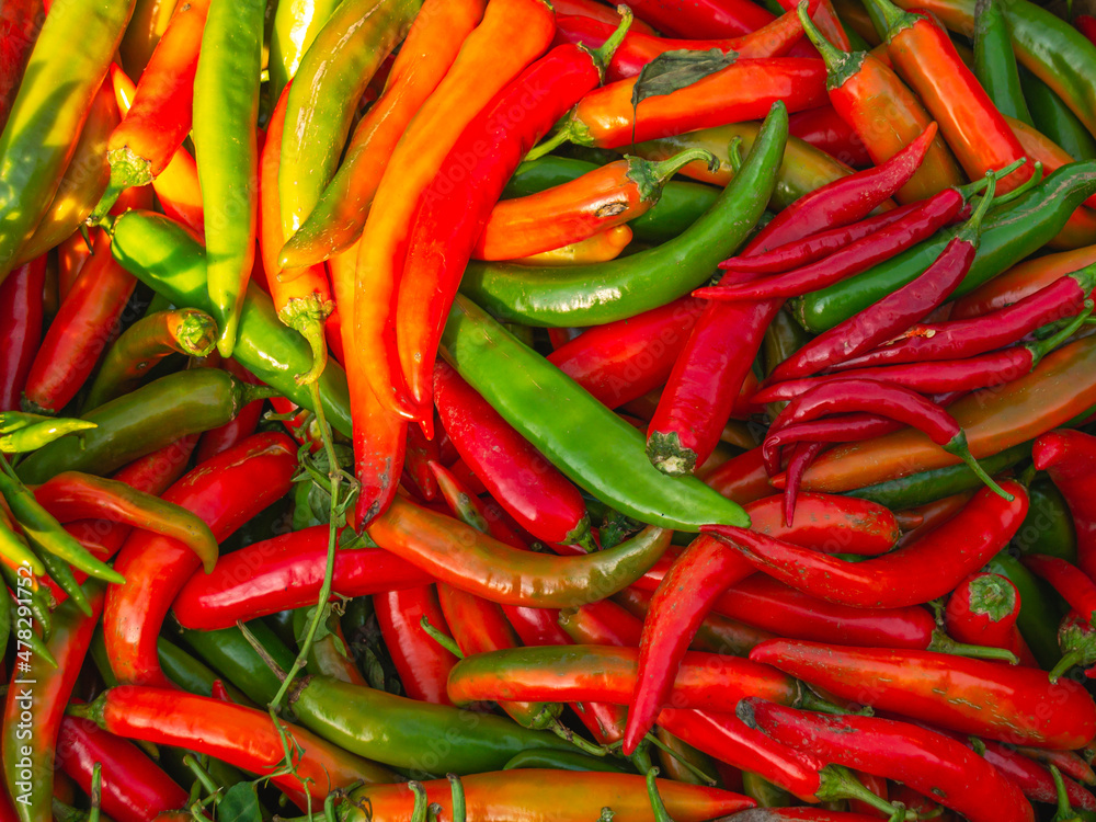 Sale of hot pepper on the market. Red and green pepper. Healthy ripe hot pepper with lots of vitamins and nutrients.