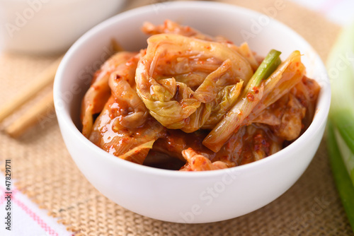 Kimchi cabbage in a bowl, Korean homemade fermented side dish food
