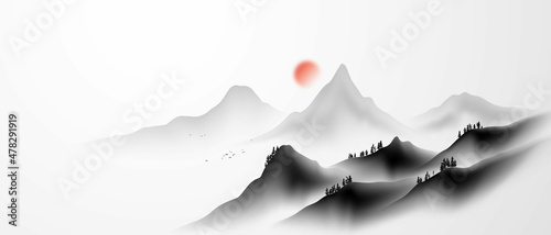 modern design vector illustration of a gorgeous chinese ink landscape painting
