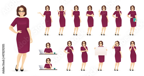 Elegant mature business woman in different poses set. Various gestures female character standing and sitting at the desk isolated vector illustration