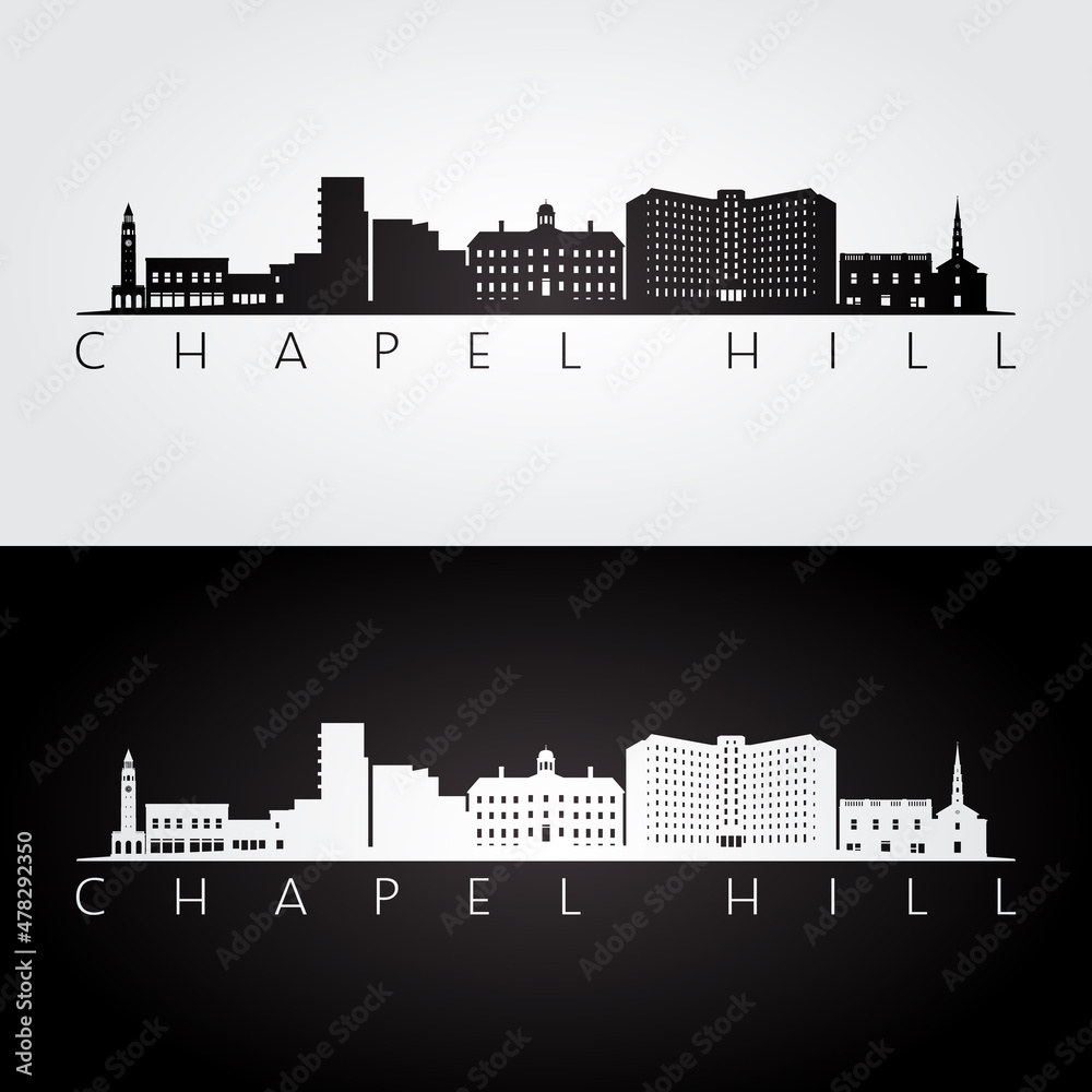 Chapel Hill, NC USA skyline and landmarks silhouette, black and white design, vector illustration.