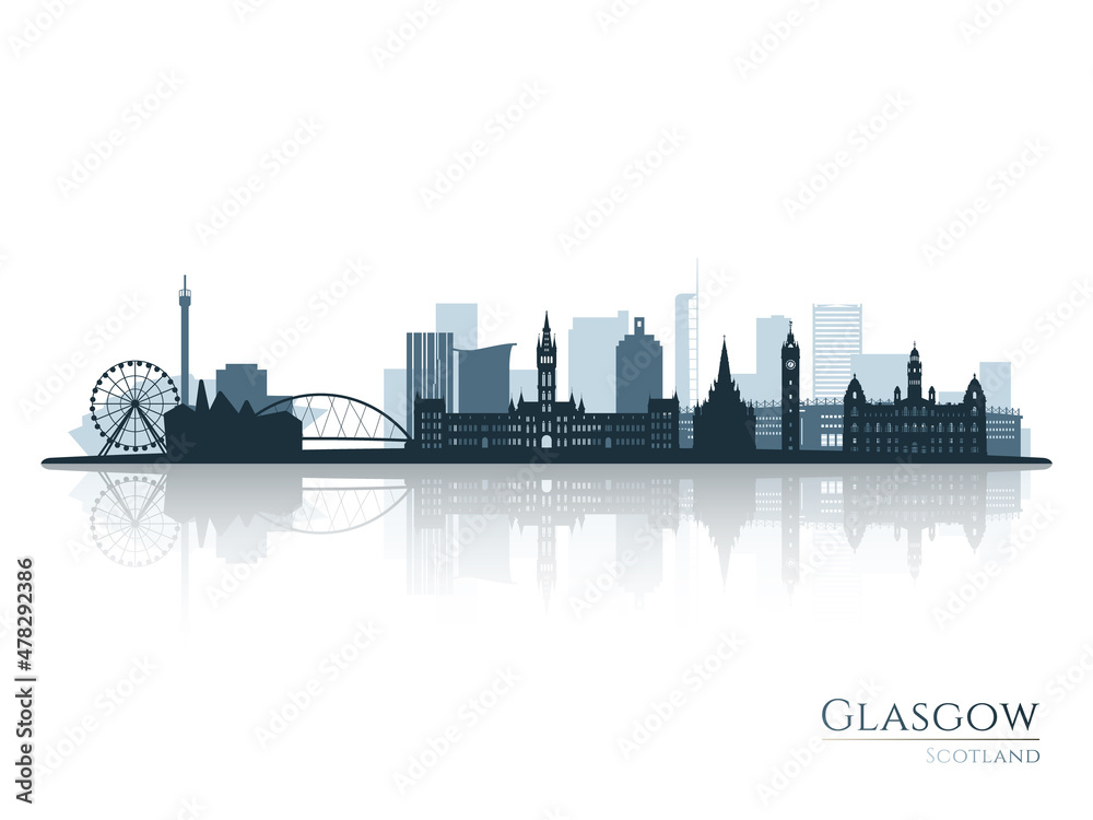 Glasgow skyline silhouette with reflection. Landscape Glasgow, Scotland. Vector illustration.