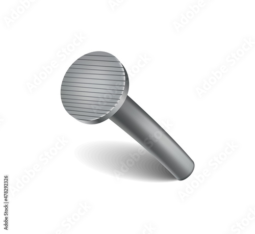 Hammered nail on surface. Iron, steel or silver pin head. Bent metal spike or hobnail with cap in cartoon style. Vector top view grey hardware for home construction, isolated on white background