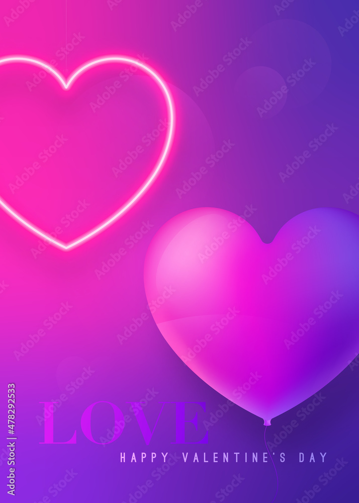 Valentine greeting card. Love happy valentines day text with flying heart air balloon and pink glowing neon heart lamp. Template for vertical banner, website advertising, party invitation.