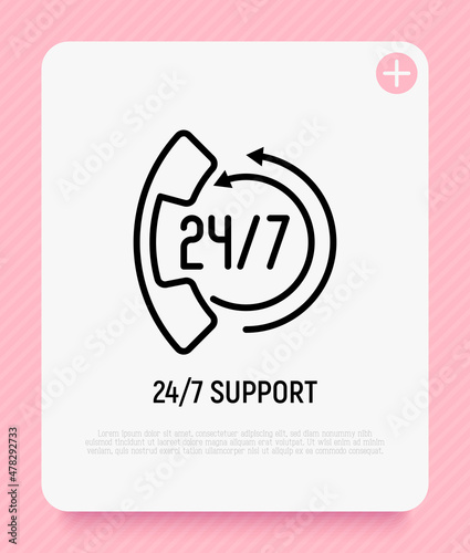 Support for 24 hour in day. Thin line icon: handset with arrows. Online assistance. Modern vector illustration.
