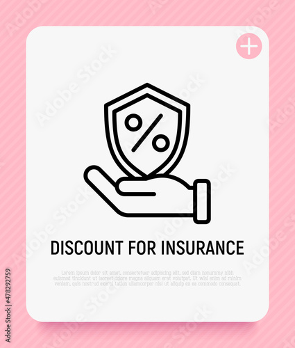 Discount for medical insurance: hand holding shield with percentage sign. Modern vector illustration.