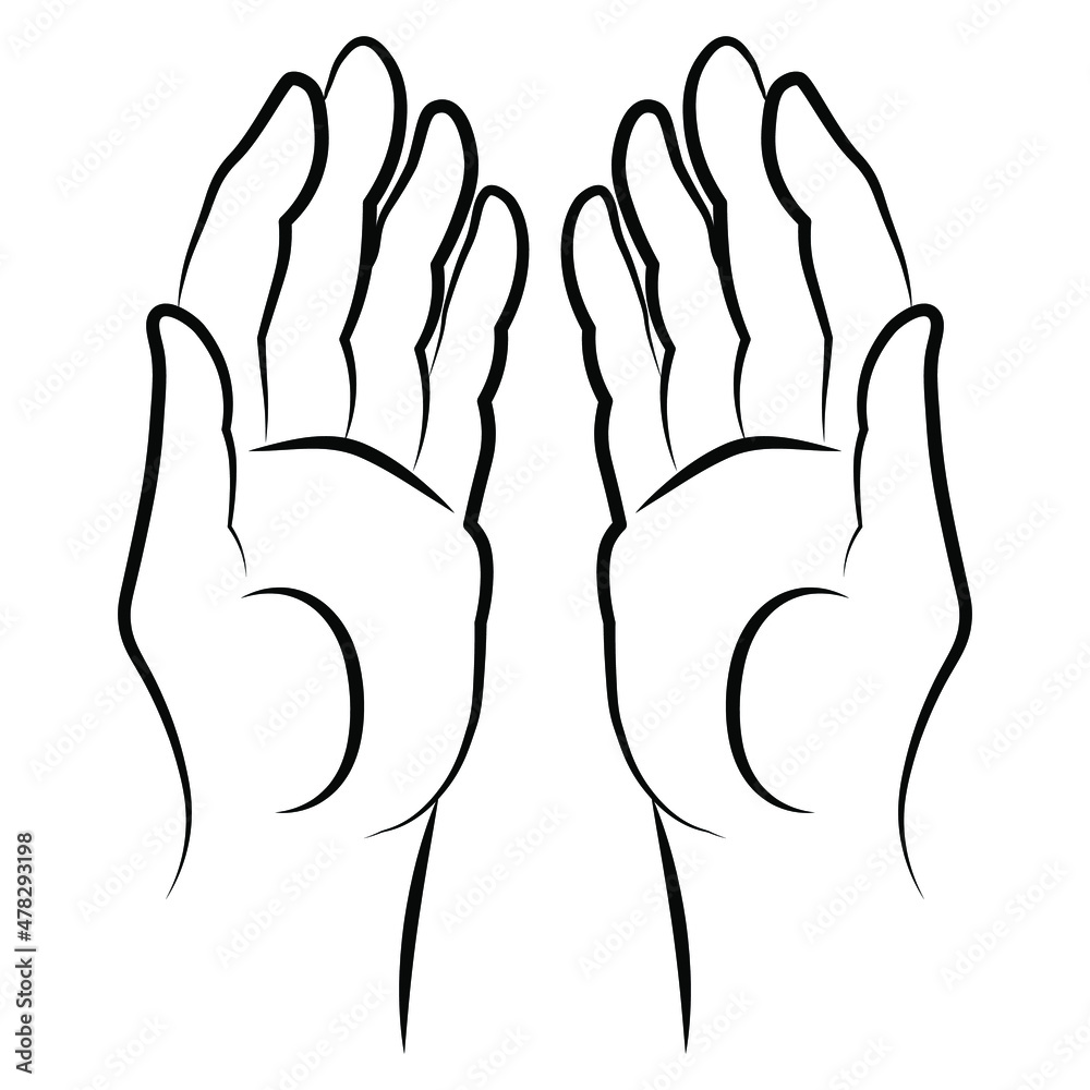 Obraz premium Open hands simple outline minimalistic linear gesture style. Vector Illustration of female hands for create logos, prints and other designs on white background