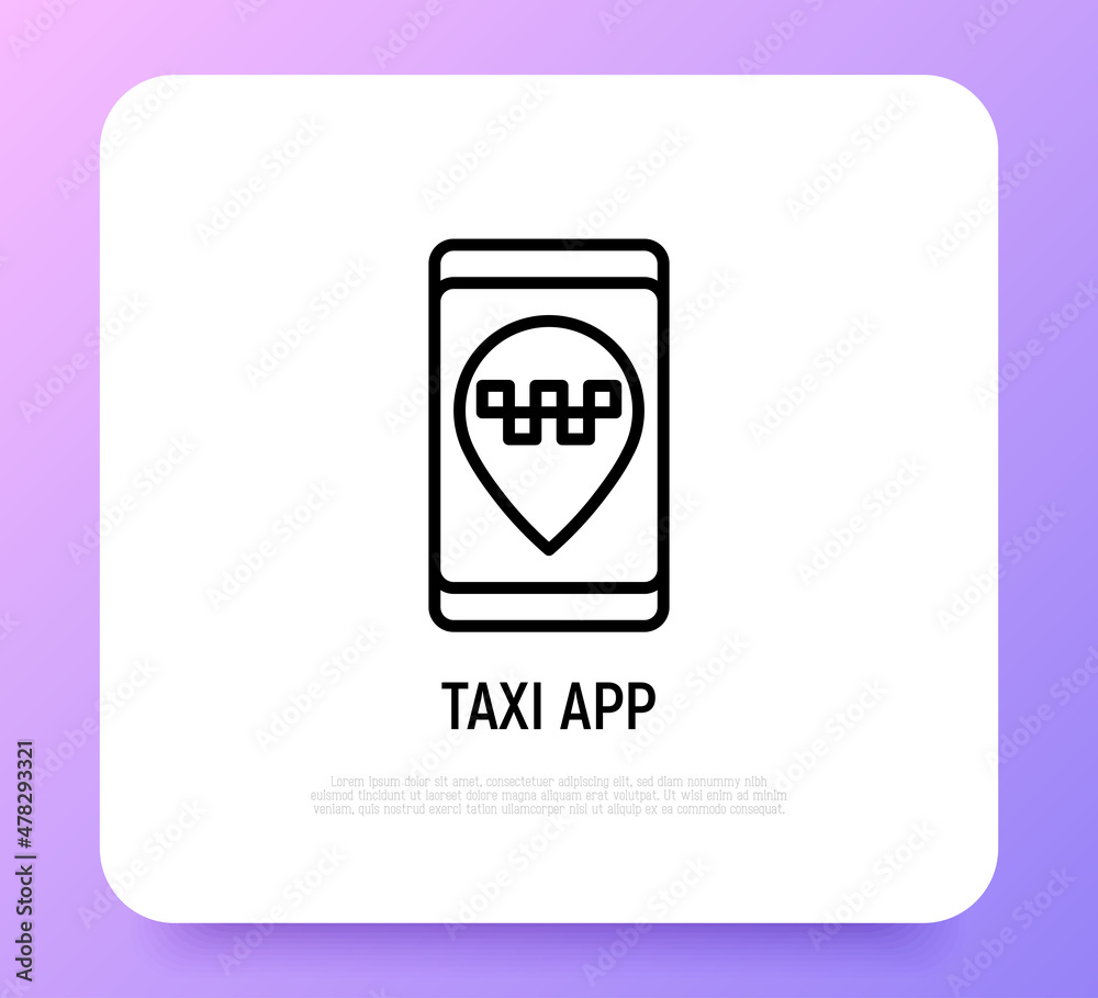 Taxi app thin line icon. Pointer with taxi sign on smartphone screen. Vector illustration. Taxi app thin line icon. Pointer with taxi sign on smartphone screen. Vector illustration.