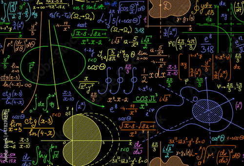Math scientific vector seamless background with multicolored equations  calculations and formulas 