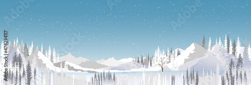Winter wonderland landscape by the lake covered with frost tree in the snowdrifts.Magical winter forest of beautiful Natural with snow falling on blue sky background,Vector illustration horizon banner