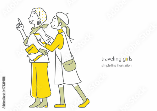 旅行を楽しむふたりの女性 シンプルでお洒落な線画イラスト