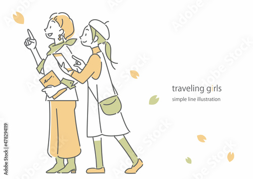 旅行を楽しむふたりの女性　桜の花びら　シンプルでお洒落な線画イラスト