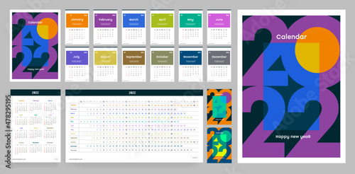 Modern 2022 сalendar design. 2022, 2023. Editable calendar page template A4, A3. Vertical. Simple monthly vertical photo calendar Layout for the 2022 year in English. Set of 12 months.