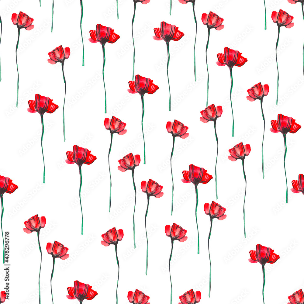 Red poppies on a white background. Watercolor flowers. Seamless pattern. Red poppies on a white background. Watercolor flowers. Seamless pattern.