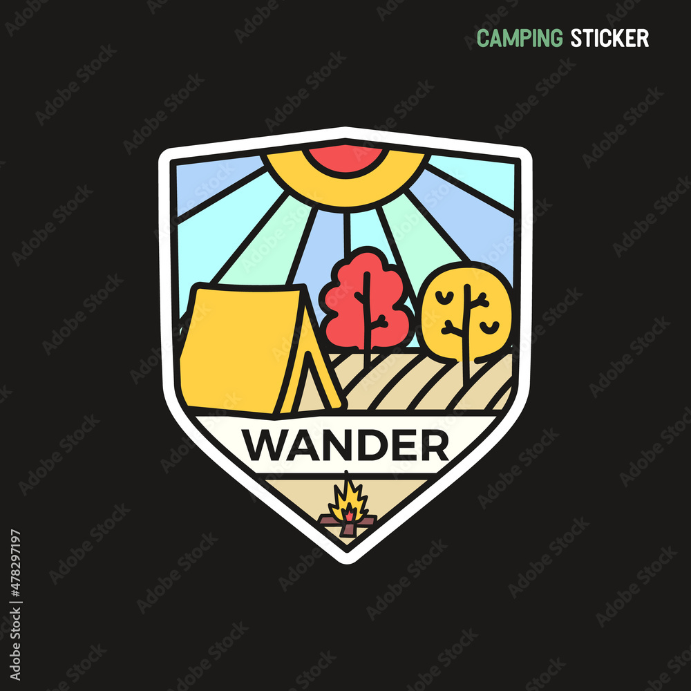 Camping adventure sticker design. Travel hand drawn patch. Wander label isolated. Stock badge