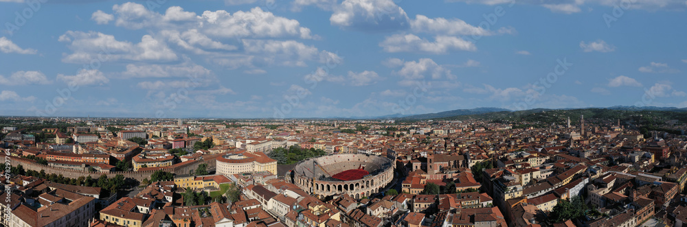 Italian colosseum panorama top view. Historical part of the city of Verona, Italy. Piazza Bra panoramic aerial view.
