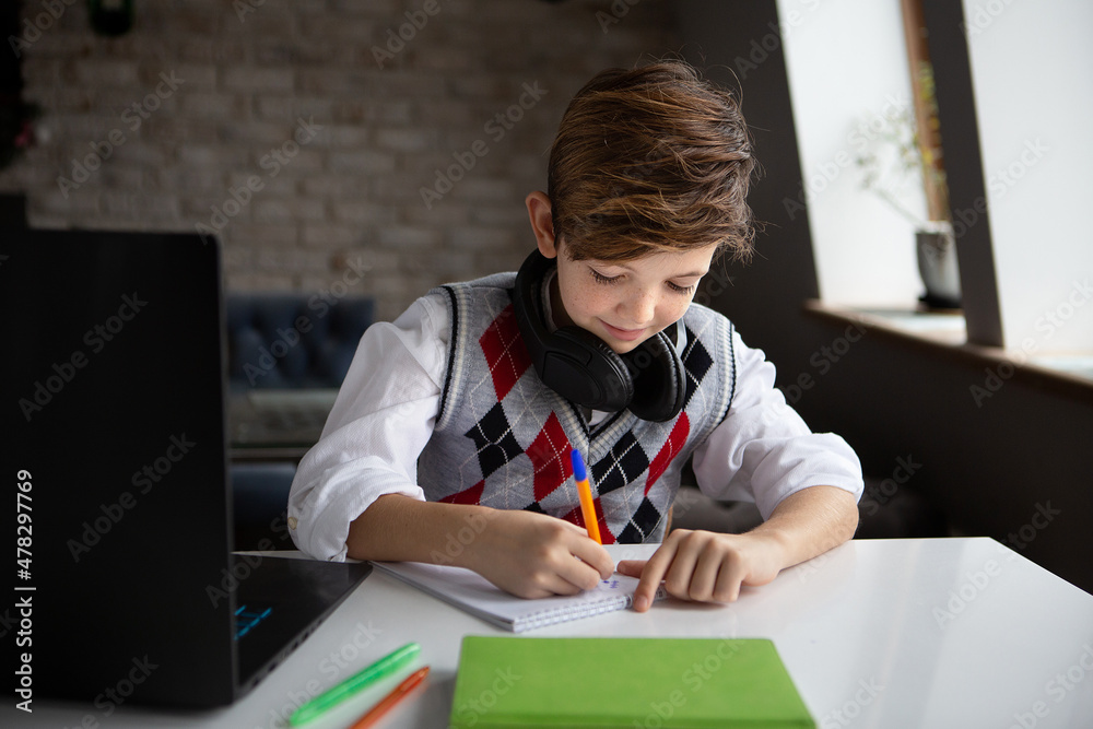 boy does his homework at home. online learning boy does his homework at home. online learning
