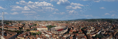 Italian colosseum panorama top view. Historical part of the city of Verona, Italy. Piazza Bra panoramic aerial view.