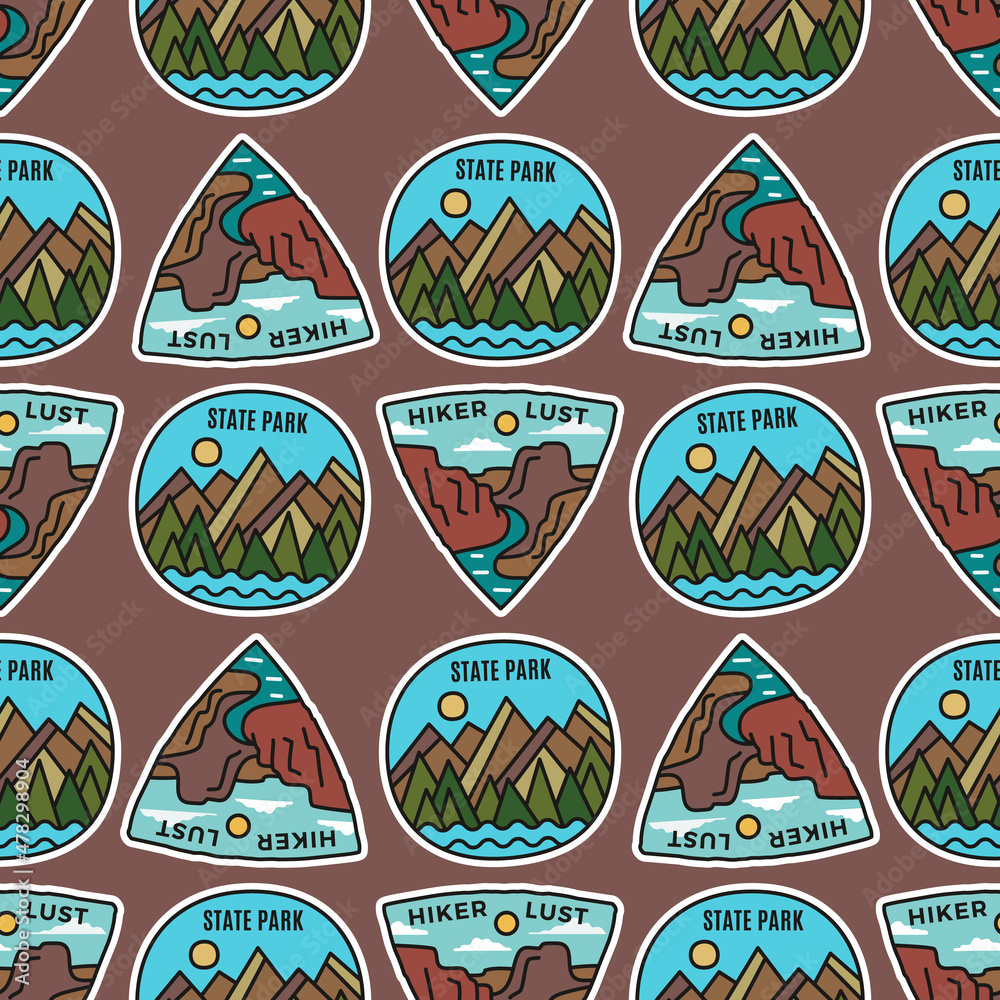 Camping adventure badges pattern. Outdoor hiking seamless background with mountains scenes, river. Stock labels texture