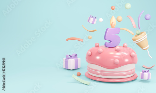 3D Rendering of pastel birthday cake party with candle number 5 with copy space on blue background. 3D Render illustration.