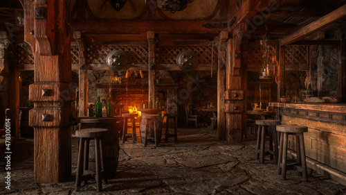 Fotografía Moody medieval tavern inn bar interior lit by daylight through a window with shield decorations and burning fire in the background