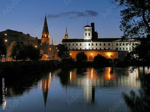 White factory, factory, cathedral, church, lodz, poland, europe, night, evening, morning, city, dawn, sunset, sunrise