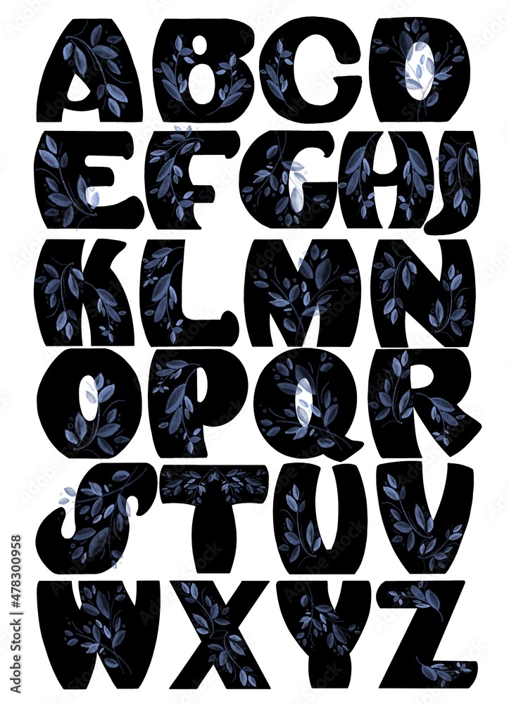 English alphabet in black with floral pattern. Poster in the nursery. Typography.