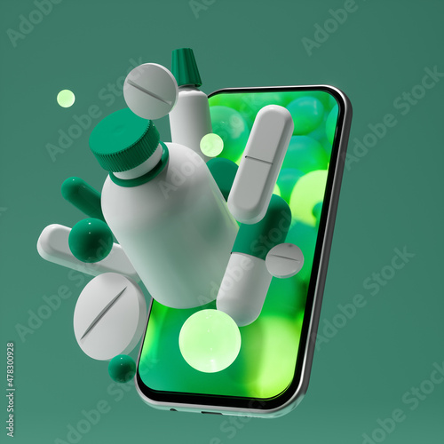abstract composition of medicines and smartphone - 3d rendering