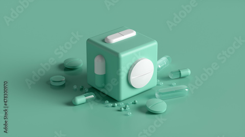 abstract illustration of cube with pills and drugs. - 3d rendering