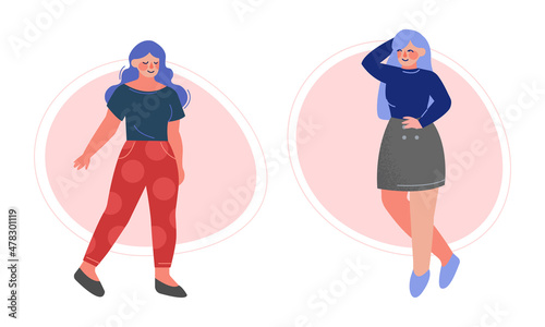 Pretty Body Positive Woman in Stylish Outfit Standing Vector Set