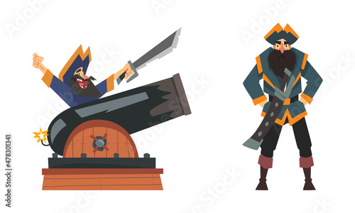 Bearded Brutal Man Pirate or Buccaneer Character Standing with Sword and Cannon Vector Set