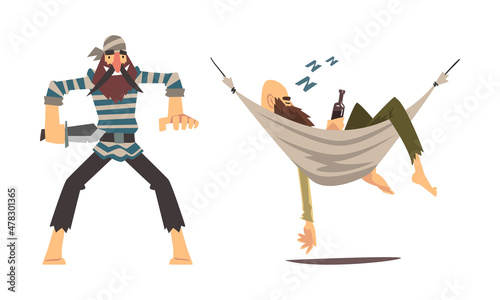 Bearded Brutal Man Pirate or Buccaneer Character Attacking with Knife and Sleeping in Hammock with Alcohol Bottle Vector Set