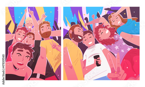Happy Young Man and Woman Having Fun and Dancing at Nightclub or Music Festival Looking in Camera Vector Set