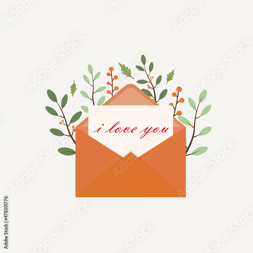 Happy Valentine’s day, love or romantic letter concept.  Envelope with the inscription I love you. Flat vector illustration for romantic or greeting cards.

