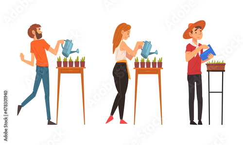 Man and Woman Character Watering Plant Sprout Growing in Pot Vector Set