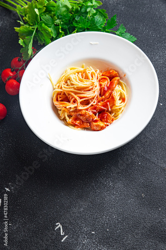 spaghetti pasta meat tomato sauce healthy meal food snack on the table copy space food background rustic