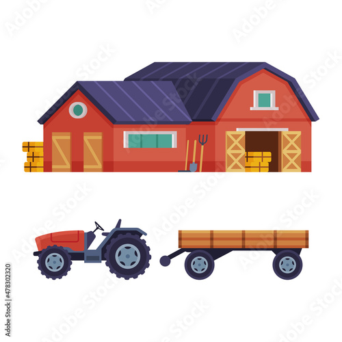 Timbered Red Barn or Granary for Crop Storage and Tractor Vector Set