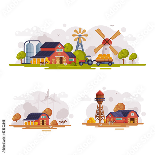 Country or Rural View with Barn House, Windmill and Water Tower Vector Set