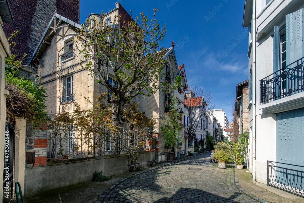 Paris, France - March 28, 2021: Nice small cosy street in Paris with individual house and buildings